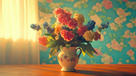 A colorful floral arrangement in a vintage-style vase on a wooden table.の素材