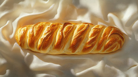 A freshly baked loaf of sourdough bread resting on a white linen cloth with soft natural lighting.の素材