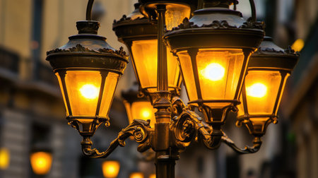 A glowing gold bokeh background with blurred circular lights.の素材