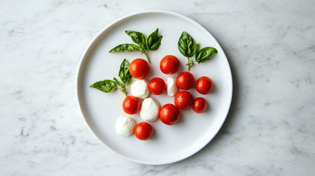 A minimalistic white plate with fresh mozzarella, cherry tomatoes, and basil leaves on a marble surface.の素材