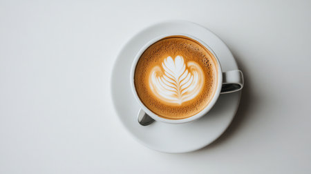 A modern minimalist design featuring a cup of cappuccino with delicate foam art on a white ceramic saucer.の素材