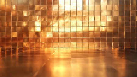 A rich golden mosaic tile background with elegant reflections.の素材