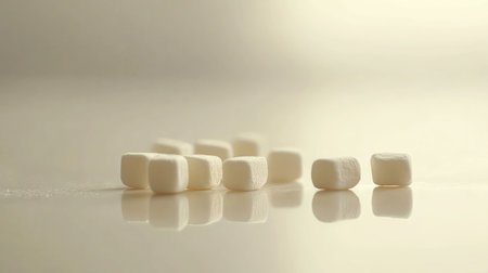 A minimalist background with neatly arranged white marshmallows on a clean surface.の素材
