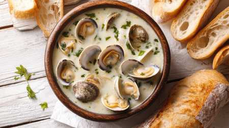 A rustic white wooden table with a bowl of steaming clam chowder and slices of baguette.の素材