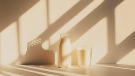 A modern minimalist flat lay of milk bottles and a glass of fresh milk on a white tabletop.の素材