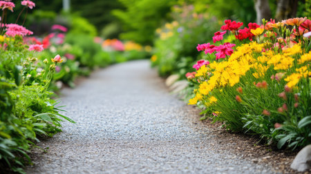 A soft-focus image of a garden path lined with lush floral arrangements.の素材