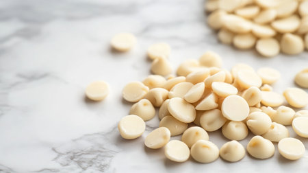 A soft-focus close-up of white chocolate chips scattered on a marble surface.の素材