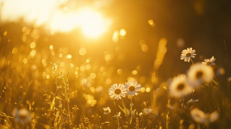 A sunlit daisy field with a soft-focus background and a warm, golden glow.の素材