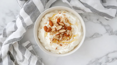 A top-down view of a white ceramic bowl filled with creamy yogurt topped with honey and almonds.の素材