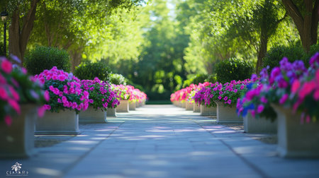 A soft-focus image of a garden path lined with lush floral arrangements.の素材