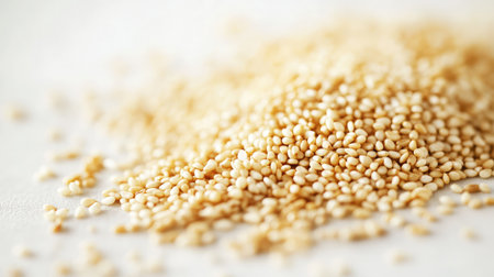 A soft-focus close-up of white sesame seeds scattered on a white background.の素材