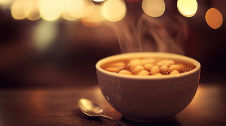 A steaming bowl of white bean soup in an elegant white dish with a spoon beside it.の素材