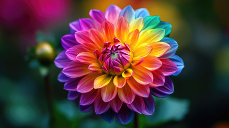 A vibrant close-up of a multicolored dahlia with detailed petals in sharp focus.の素材