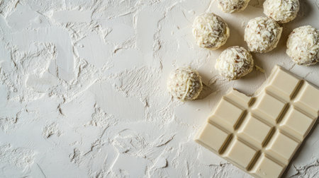 A stylish composition of white chocolate bars and truffles on a subtle textured white surface.の素材