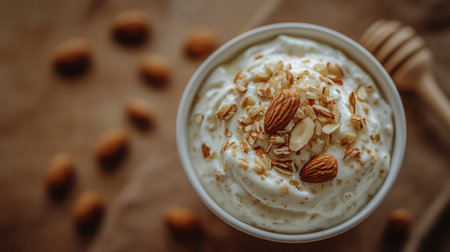 A top-down view of a white ceramic bowl filled with creamy yogurt topped with honey and almonds.の素材