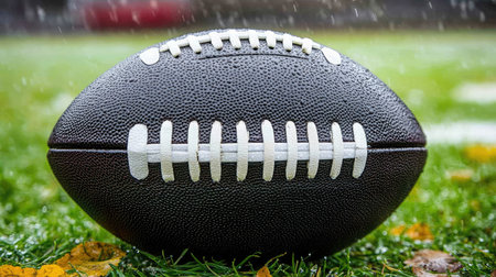 A black and white football resting against a vibrant green field with morning dew.の素材