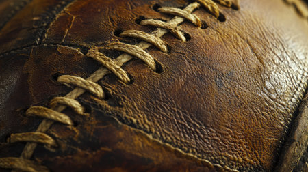 A close-up of the tight stitching on a well-worn rugby ball.の素材