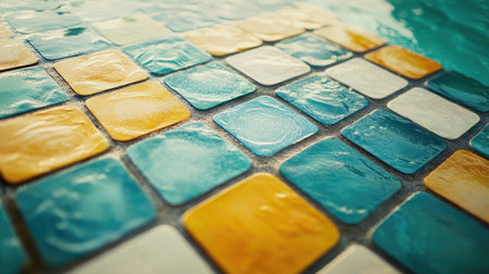 A close-up of pool tiles and depth markers near the competition starting line.の素材