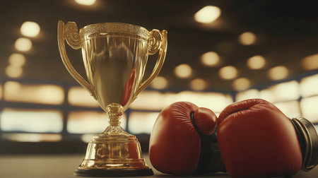 A championship trophy sitting next to a boxing bell and gloves.の素材