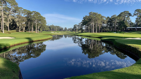 A calm lake reflecting the sky on a professional golf course.の素材