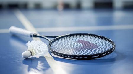 A badminton racket lying on a court beside a white shuttlecock.の素材