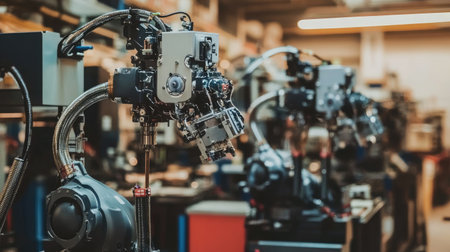 An industrial robotics lab with high-tech automated machinery and AI systems.の素材