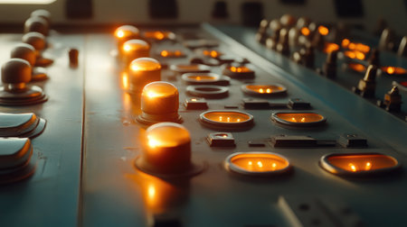 A close-up of industrial control panels with glowing buttons and switches.の素材