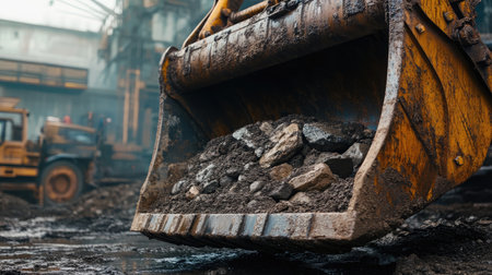 A close-up of a massive excavator bucket filled with dirt and rocks.の素材