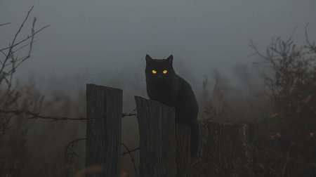 A black cat with glowing yellow eyes sitting on a crooked fence against a foggy Halloween night.の素材