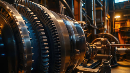 A close-up of a giant gear system inside a heavy industrial machine.の素材