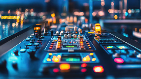 A close-up of industrial control panels with glowing buttons and switches.の素材