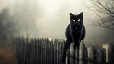 A black cat with glowing yellow eyes sitting on a crooked fence against a foggy Halloween night.の素材