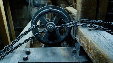 A close-up of mechanical gears and metal chains inside an industrial machine.の素材