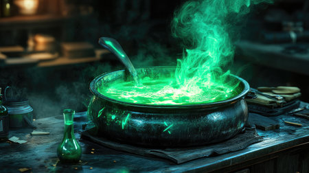 A bubbling cauldron with glowing green potion and magical smoke rising into the air.の素材