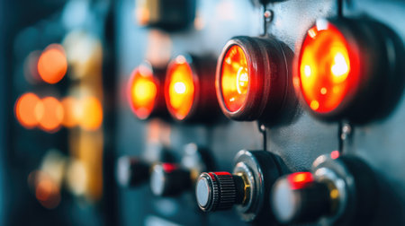 A close-up of industrial control panels with glowing buttons and switches.の素材