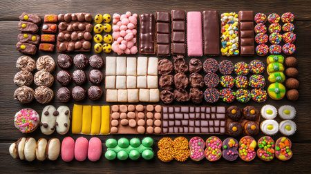 A collection of spooky Halloween sweets, candies, and cupcakes arranged on a dark wooden table.の素材