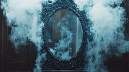 A creepy, old-fashioned mirror with ghostly mist forming eerie shapes around it.の素材