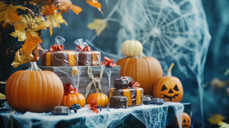 A Halloween candy display with wrapped chocolates, pumpkins, and spiderweb decorations.の素材
