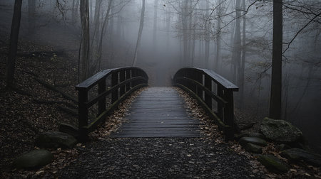 A creepy fog-covered bridge leading into a dark haunted forest.の素材
