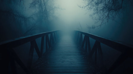 A creepy fog-covered bridge leading into a dark haunted forest.の素材