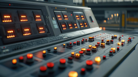 A high-tech industrial production line with glowing control panels and machinery.の素材