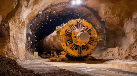 A massive tunnel boring machine drilling through solid rock underground.の素材