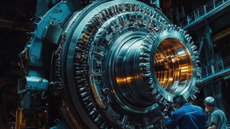 A massive industrial lathe shaping a large metal component.の素材