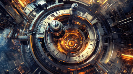 A high-tech robotic arm assembling heavy industrial components.の素材