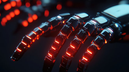 A close-up of mechanical gears and robotic actuators working in harmony.の素材