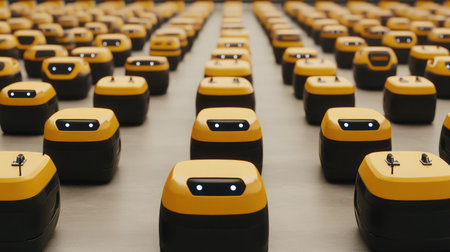 A futuristic logistics center with robotic loaders organizing inventory.の素材