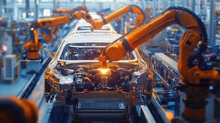 A fully automated production line manufacturing car engine parts.の素材