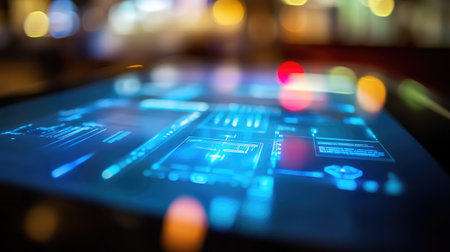 A futuristic manufacturing process displayed on a high-tech touchscreen panel.の素材