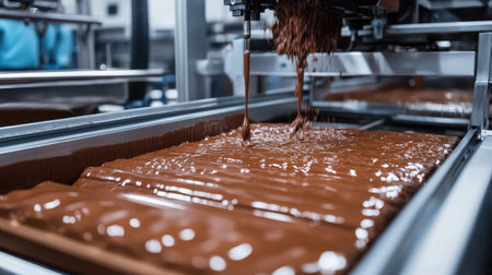 A high-speed chocolate factory production line pouring and shaping chocolate bars.の素材