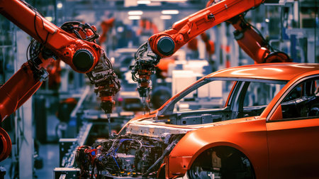 A modern automotive plant being built with robotic assembly line foundations.の素材